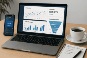 Diverse professionals collaborate on SaaS startup tools, showcasing AI and modern strategies for success.