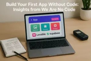 A modern workspace showcasing a laptop with an app interface, sketches, and AI tools, inspiring no-code app development.