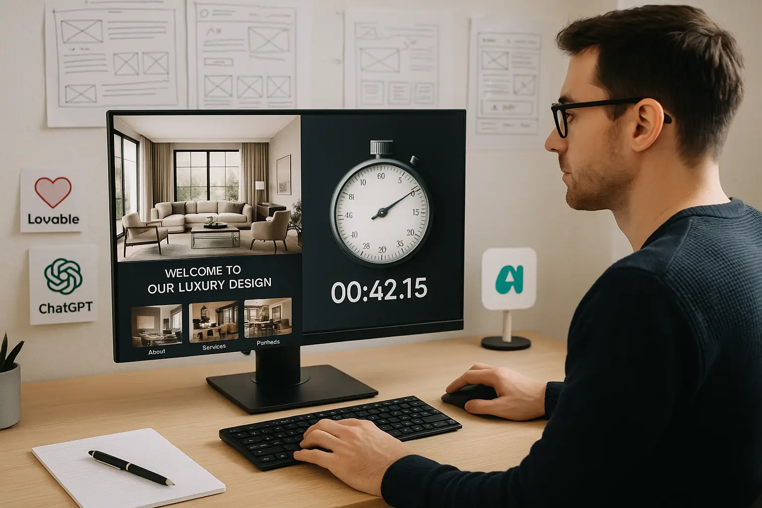 A web designer creates a stunning website with AI tools, showcased by a countdown timer and sketches.