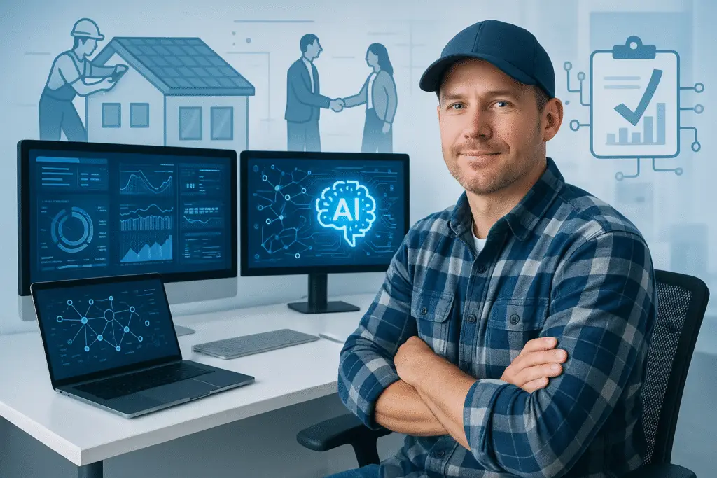 Confident entrepreneur at a sleek workspace, surrounded by AI visuals, showcasing innovation and practicality.