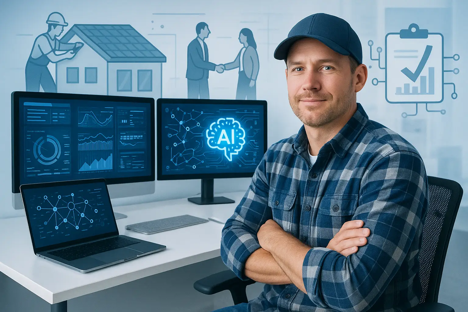 Confident entrepreneur at a sleek workspace, surrounded by AI visuals, showcasing innovation and practicality.