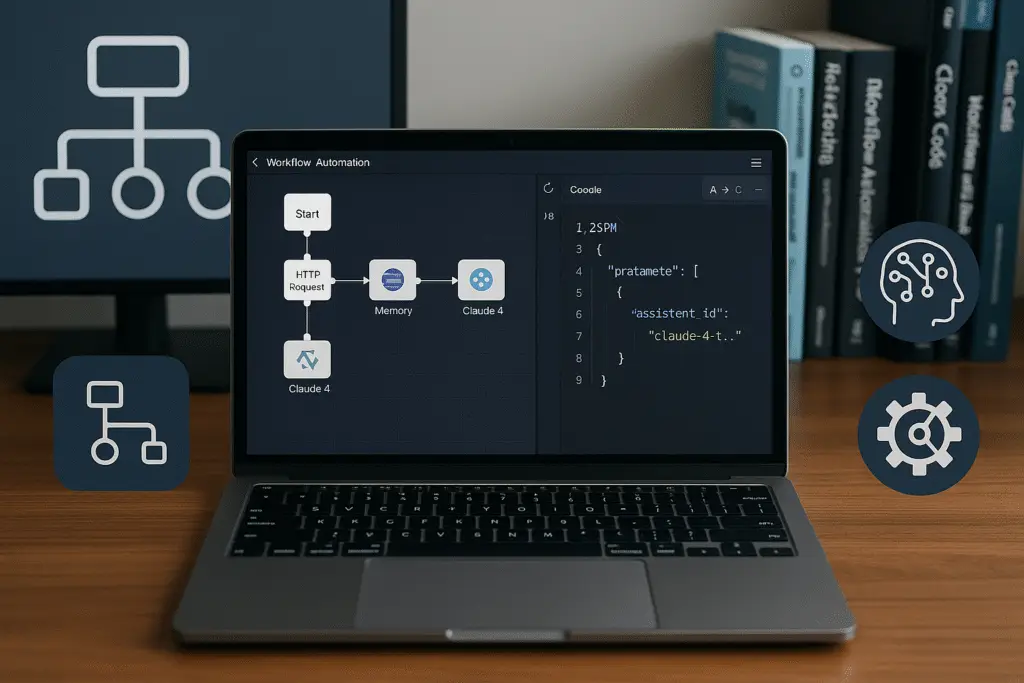 alt_text: A modern digital workspace showcasing a laptop, coding interface, flowcharts, and AI tools.