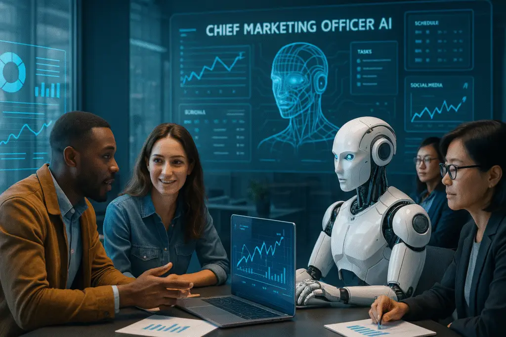 alt_text: A futuristic workspace where humans and AI collaborate on marketing tasks using holographic displays.