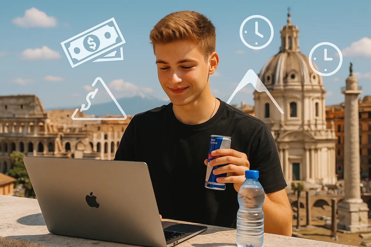 alt_text: A young entrepreneur works on his laptop in Rome, embodying ambition with iconic architecture and growth symbols.