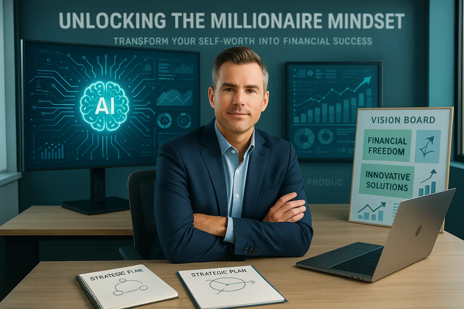 Confident entrepreneur in a modern office, showcasing AI tools for achieving millionaire goals.