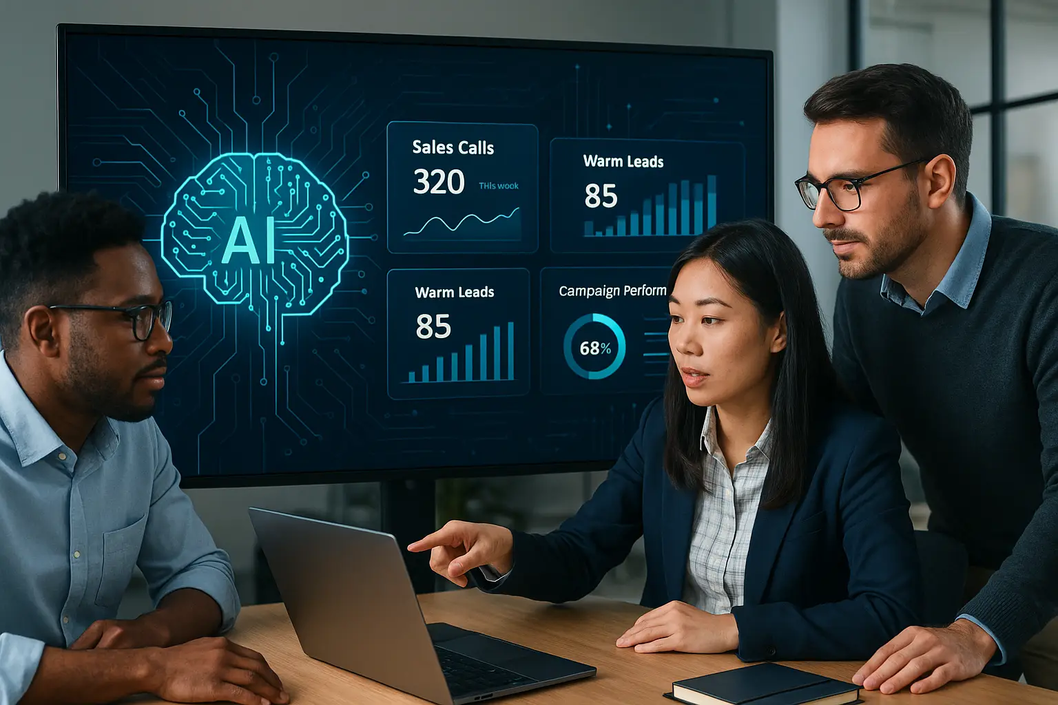 A sleek digital dashboard showcases AI metrics, diverse professionals collaborate on tech insights.