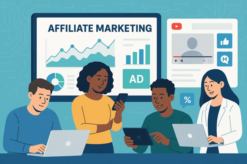 alt_text: Diverse individuals engaging with tech, showcasing affiliate marketing strategies for 2025-2026.