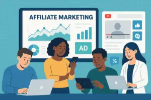 alt_text: Diverse individuals engaging with tech, showcasing affiliate marketing strategies for 2025-2026.