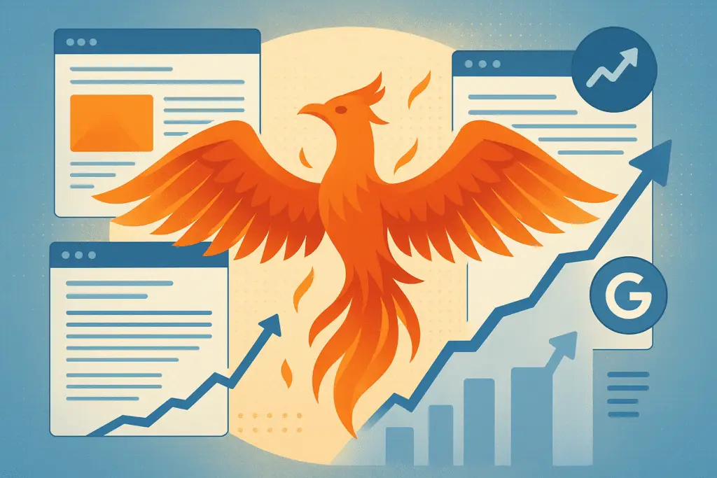 alt_text: A phoenix rises over a digital landscape, symbolizing the revival of content sites and SEO growth.