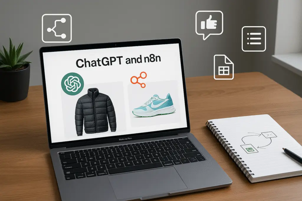 alt_text: A sleek workspace with a laptop, notepad, and icons showcasing AI's impact on data automation and engagement.