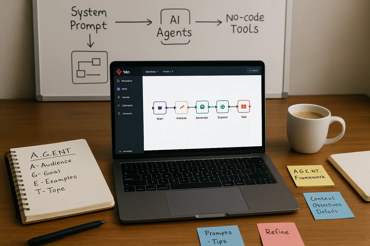 A modern workspace with a laptop showcasing N8N workflows, notes, and a warm, inviting atmosphere.
