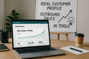 A modern workspace depicting startup growth, featuring a dashboard, whiteboard concepts, and motivational elements.