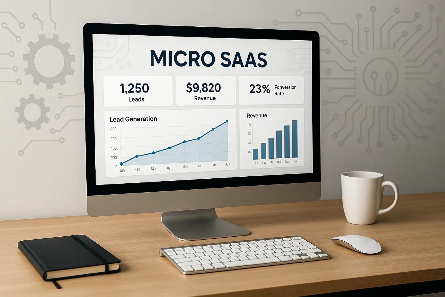 Modern workspace showcasing AI-driven micro SaaS metrics, symbolizing innovation and growth in automation.