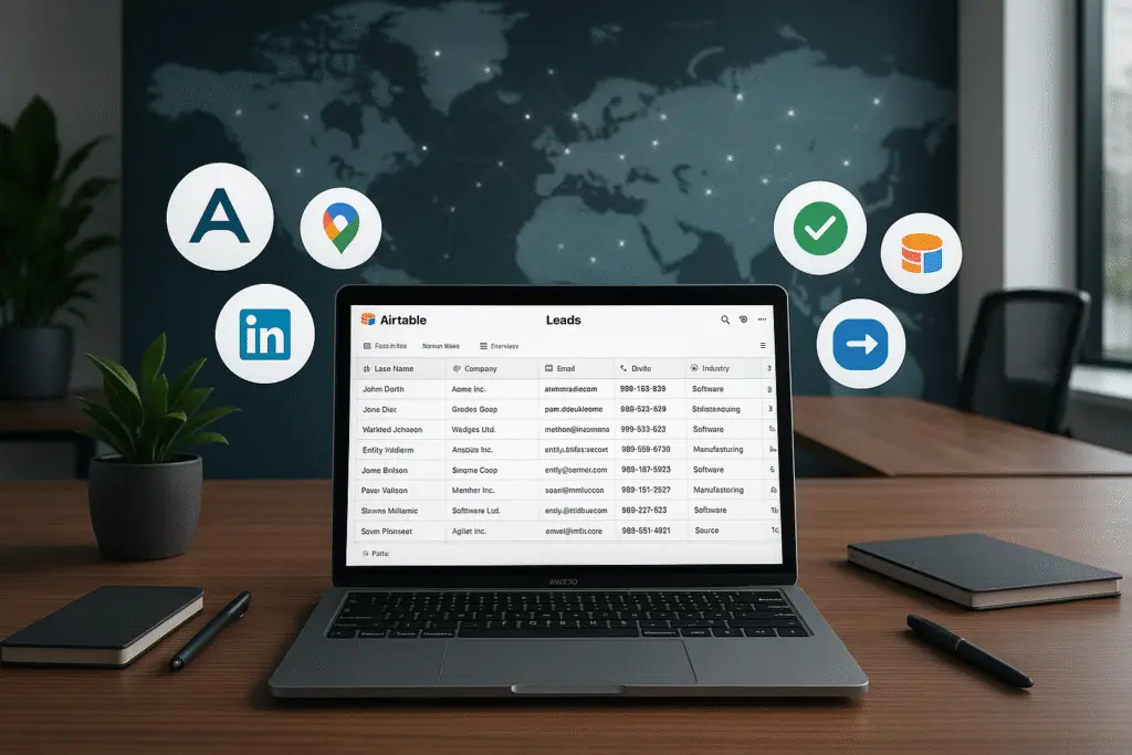alt_text: A modern office with a laptop showing a lead generation dashboard, icons, and a world map backdrop.