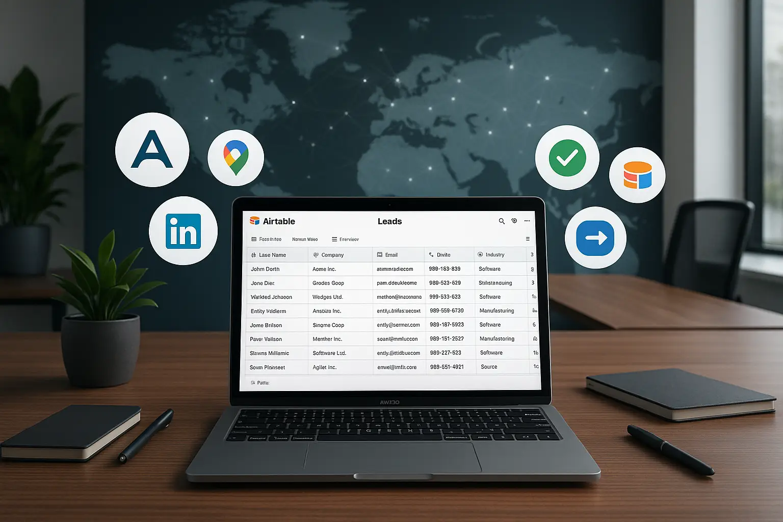 alt_text: A modern office with a laptop showing a lead generation dashboard, icons, and a world map backdrop.