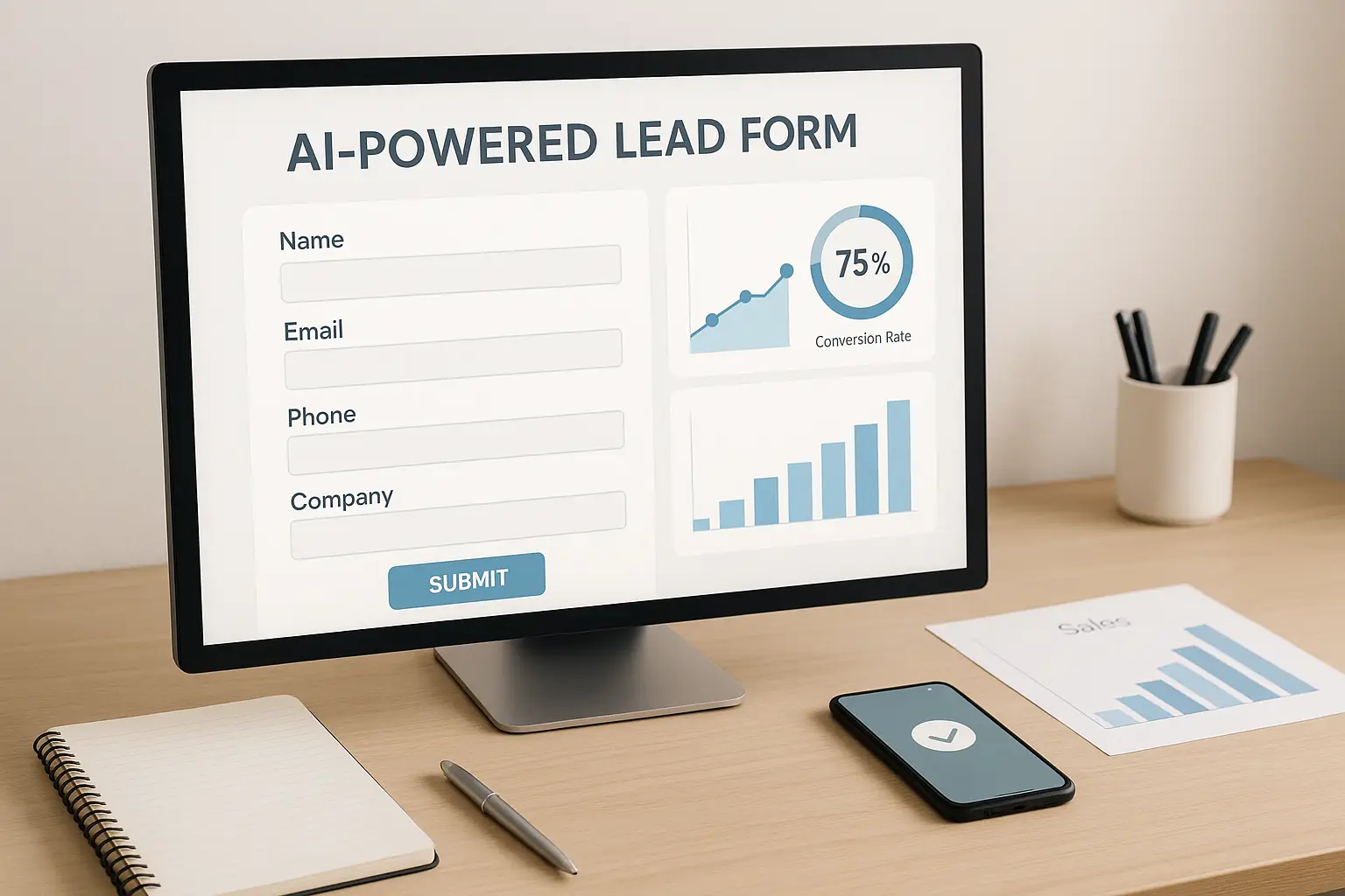 alt_text: A modern workspace showcasing an AI lead form on a computer screen, emphasizing productivity and innovation.