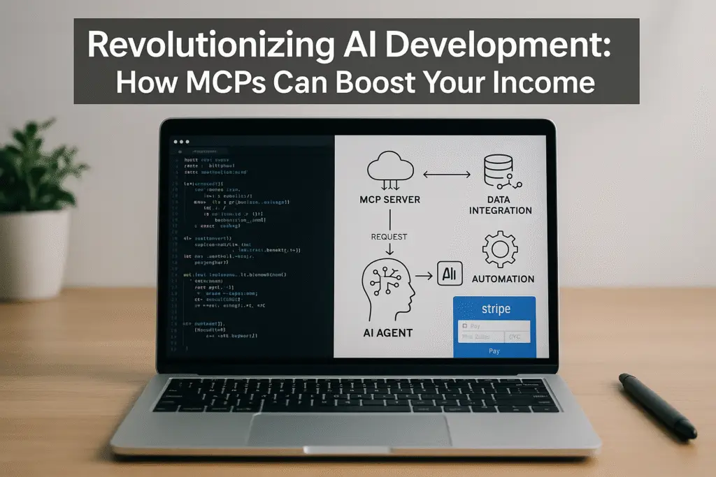 Modern workspace with laptop, code, flowcharts, and digital payment interface, embodying AI innovation.