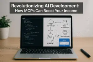 Modern workspace with laptop, code, flowcharts, and digital payment interface, embodying AI innovation.