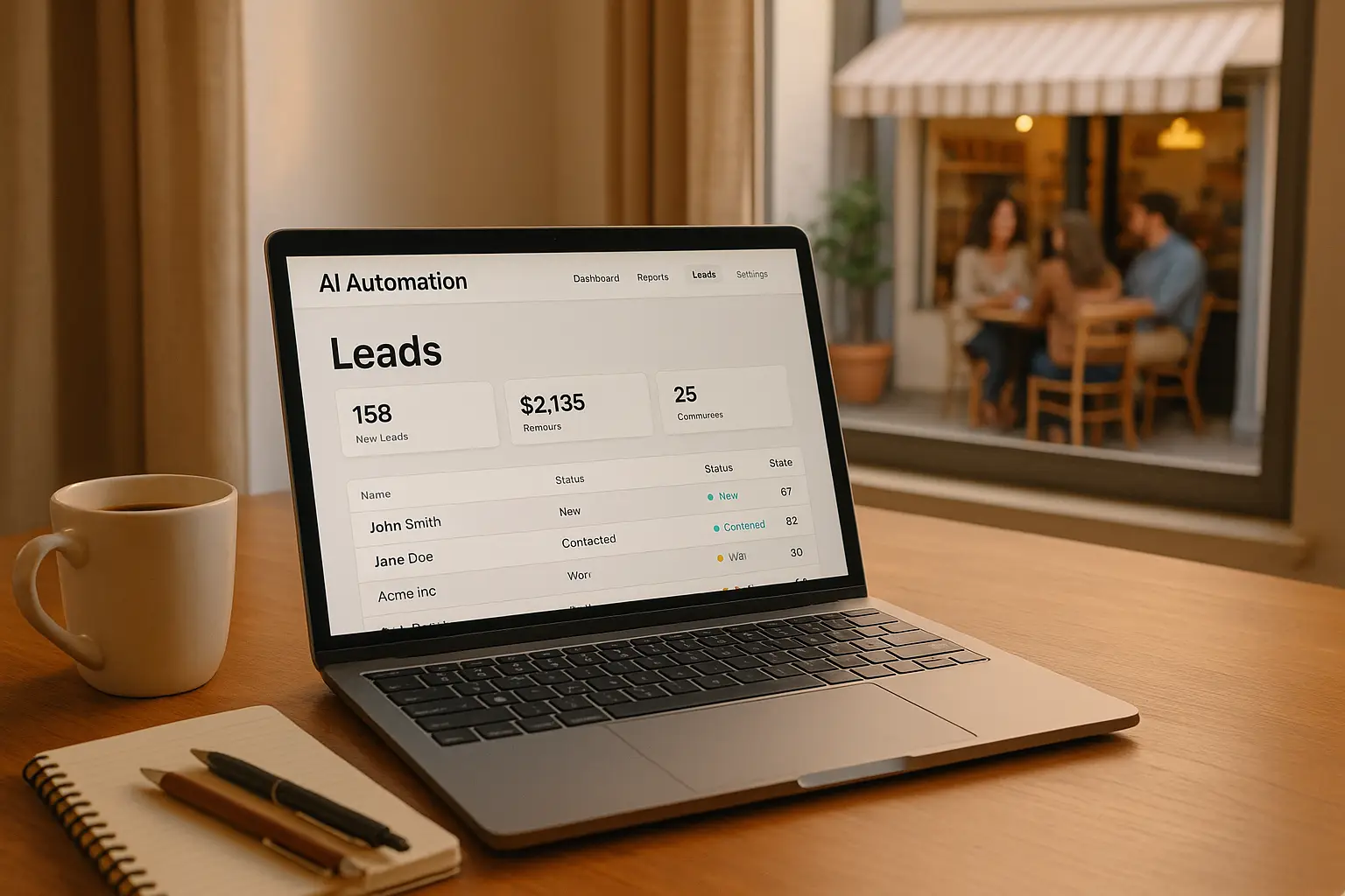 alt_text: Cozy home office with a laptop, coffee, and notepad, showcasing AI automation for small business growth.