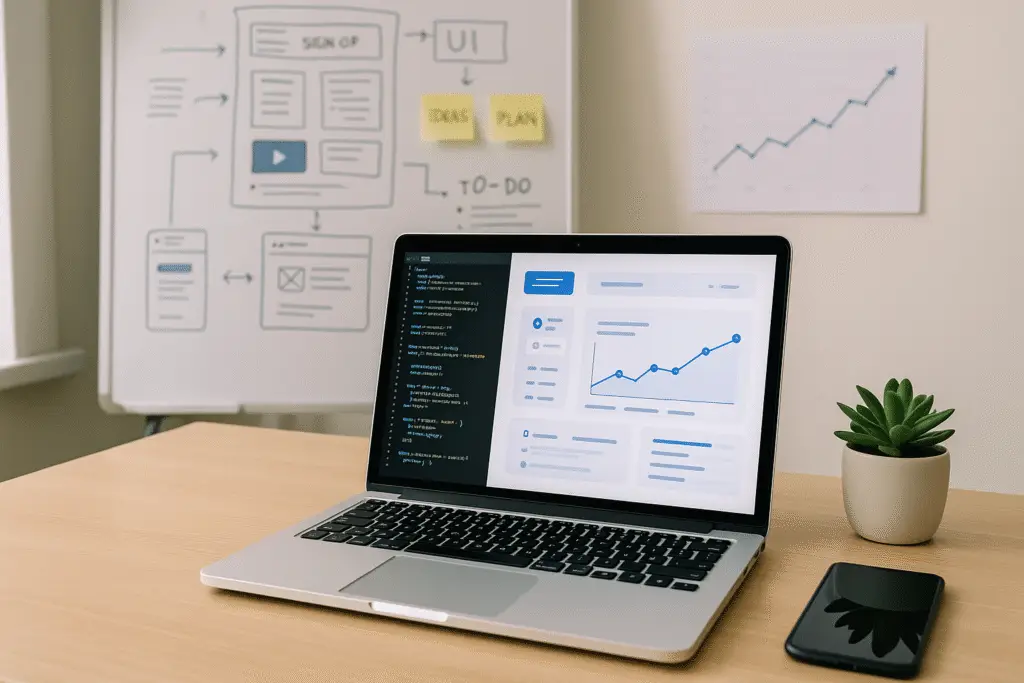 Modern workspace showcasing AI tools for SaaS startups, featuring code, charts, and design elements.