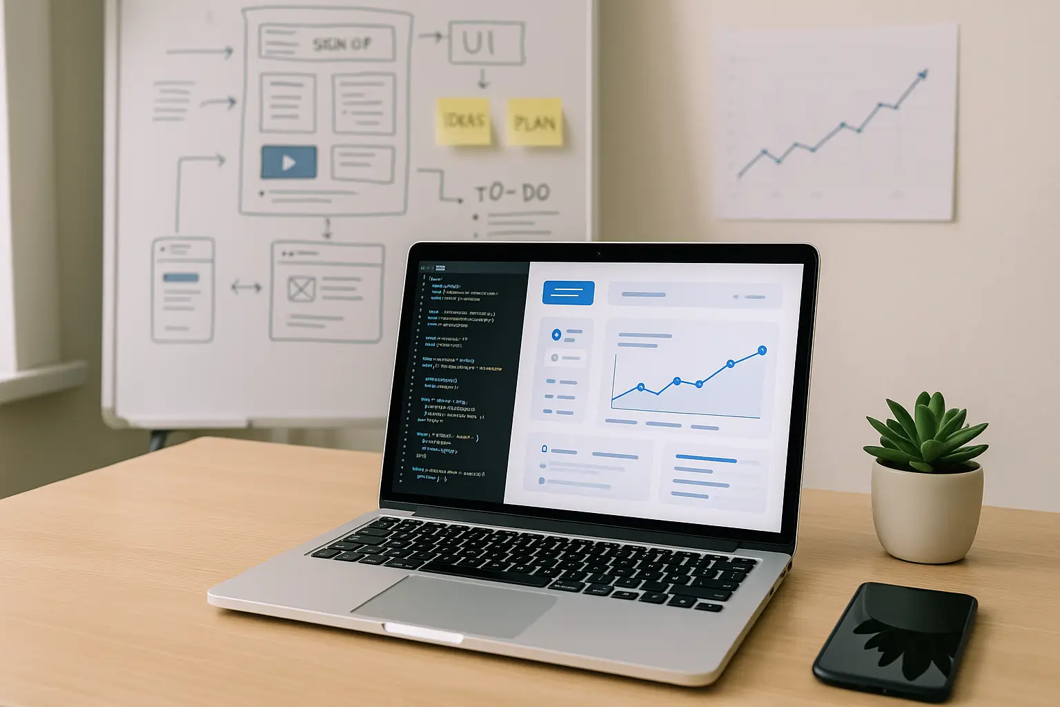 Modern workspace showcasing AI tools for SaaS startups, featuring code, charts, and design elements.